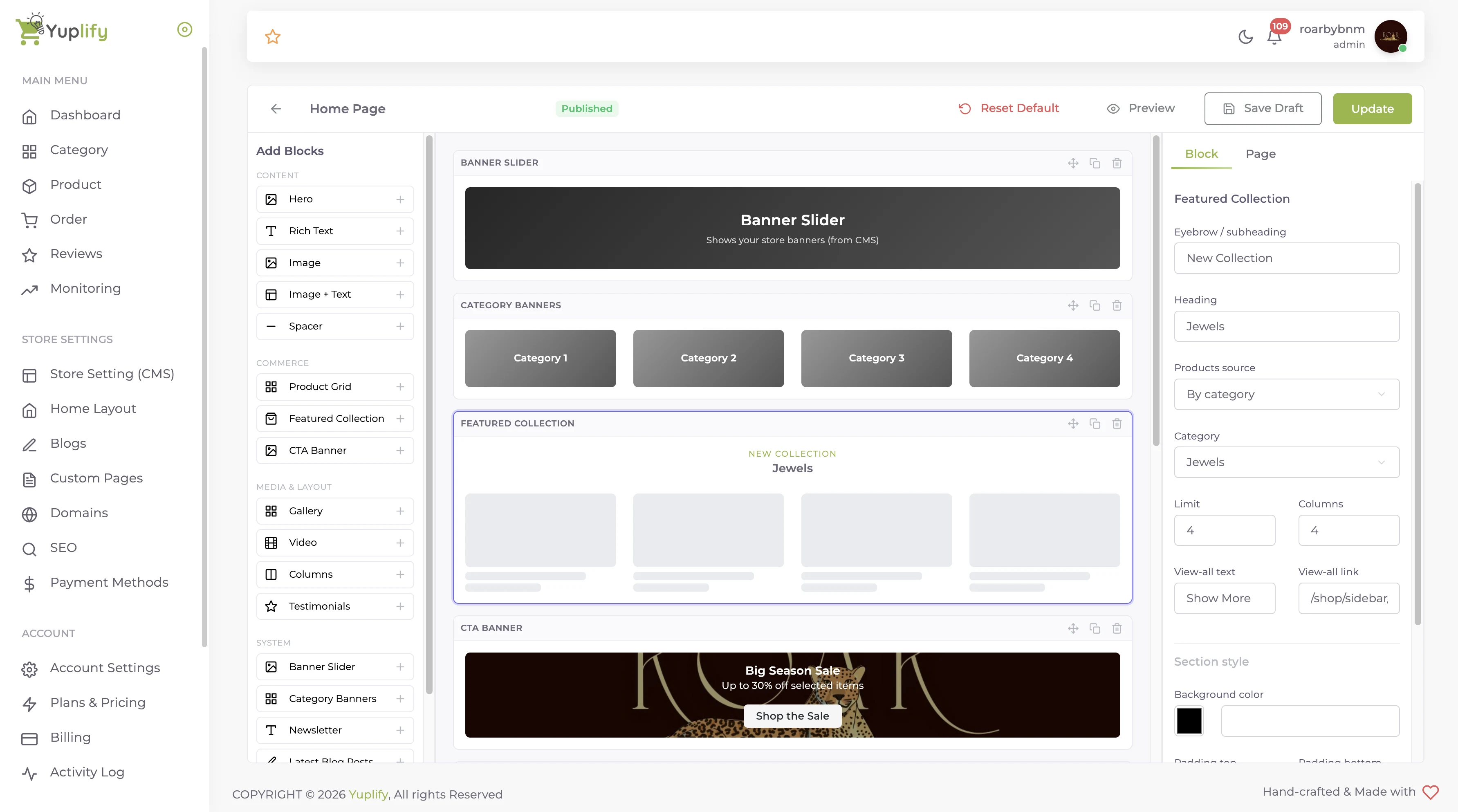 Yuplify website builder with drag-and-drop page blocks and block settings