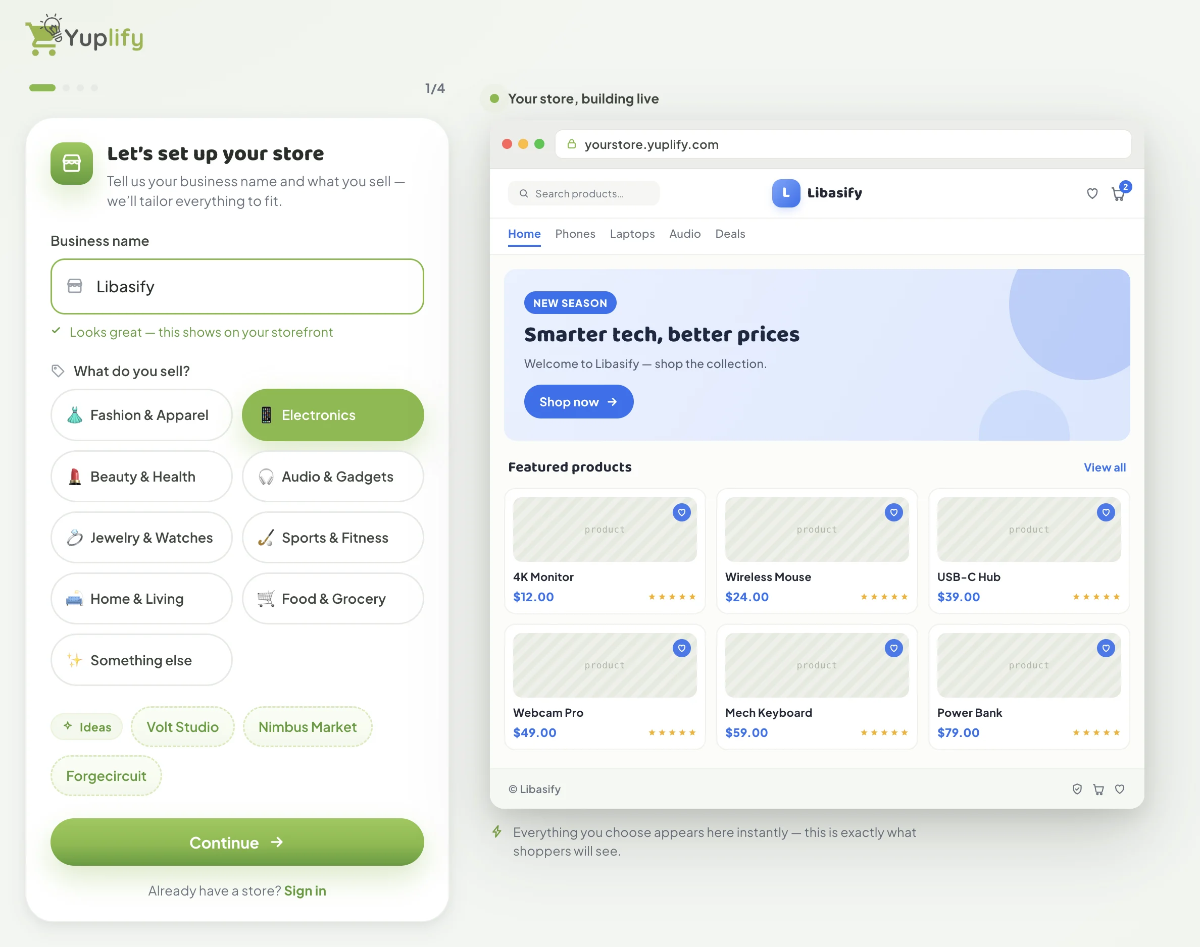 Step 1: entering the business name and choosing what you sell, with the store preview updating live