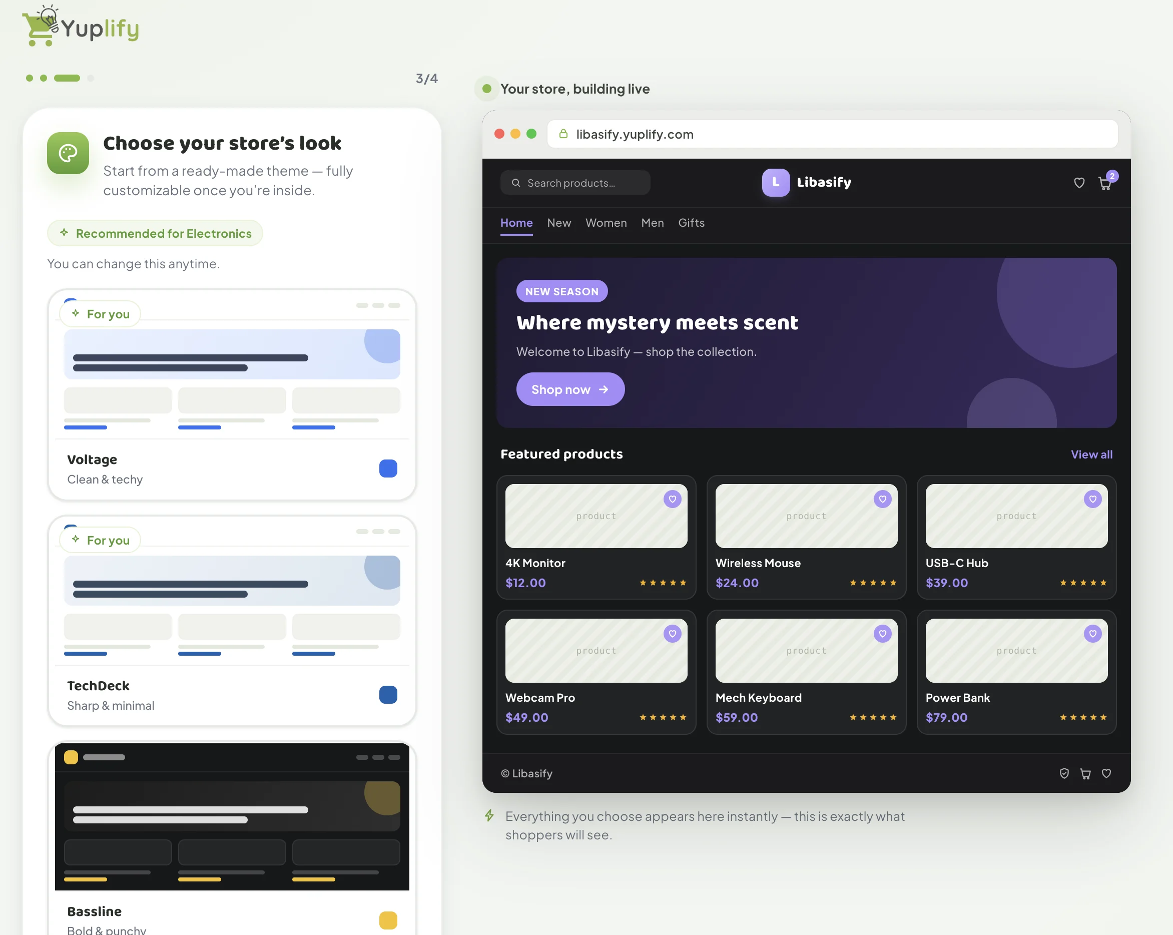 Step 3: choosing a store theme with a live dark-theme preview